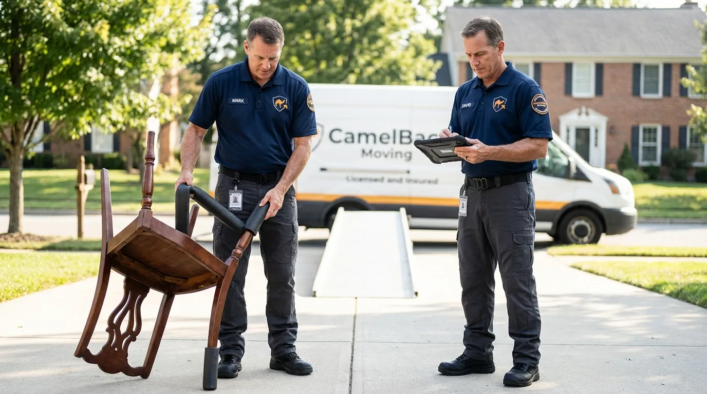 Movers inspecting furniture for damage prevention before loading in Columbus Junction, IA