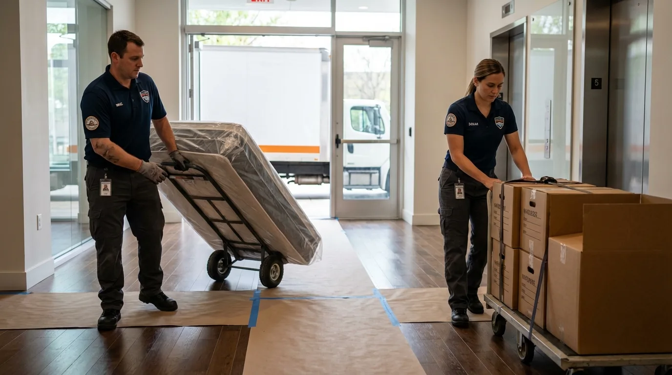 Professional apartment movers loading elevator in Columbus Junction, IA